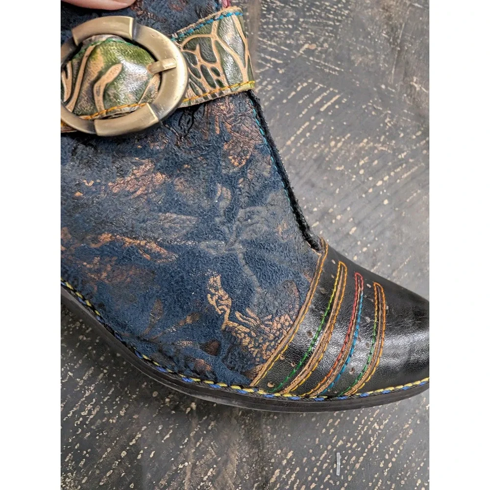 L'Artiste Spring Step Georgiana Blue Floral Leather Ankle Boots Rainbow- 6.5